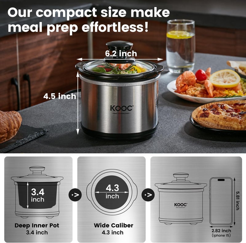 KOOC Small Slow Cooker, 0.65-Quart, Free Liners Included for Easy Clean-up, Upgraded Ceramic Pot, Nutrient Loss Reduction, Stainless Steel, Silver, Round - Image 2